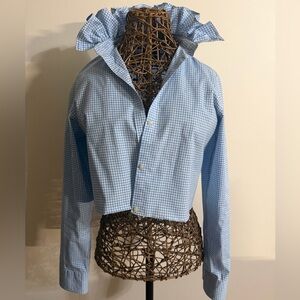 Chaps Blue Gingham Women's Ruffle Collar Shirt- Upcycled